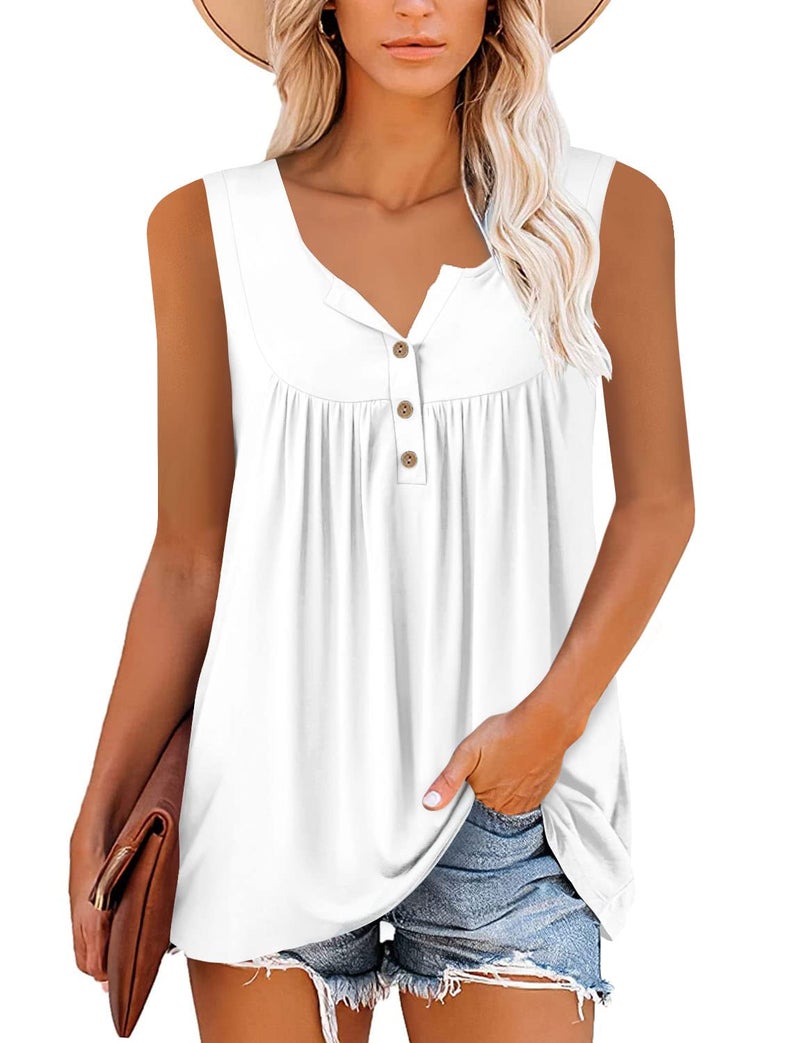 Mystry Zone Women's White Summer Tops Sleeveless Henley V Neck Pleated Casual Flare Tunic Blouse XL - Image 1